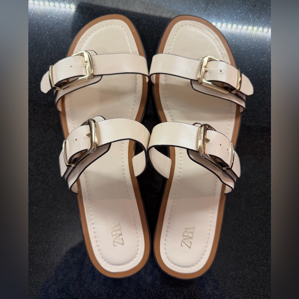 Zara Size 10 / 41 Cream Double-Buckle Slide Sandals with Gold Buckles